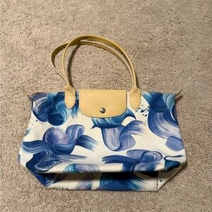 Longchamp Blue and Cream Floral Tote Bag